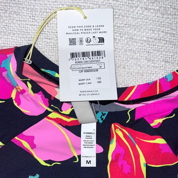 NWT Maaji Floral LongSleeve Rash Guard Swim Top MED Bright Floral Print on Black - Picture 15 of 16